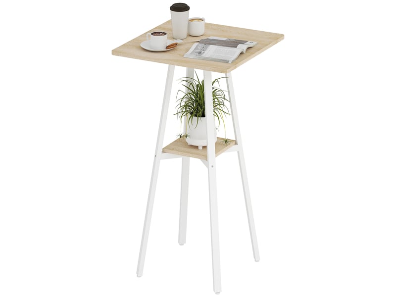  Table de bar carrée pour 2 personnes, table haute cuisine mange-debout avec étagère, 55 x 55 x 95 cm, naturel et blanc  - Conforama A