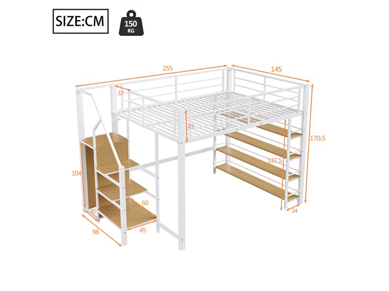  Lit mezzanine 140 x 200 cm blanc avec escalier de rangement, espace penderie et étagères  - Conforama E