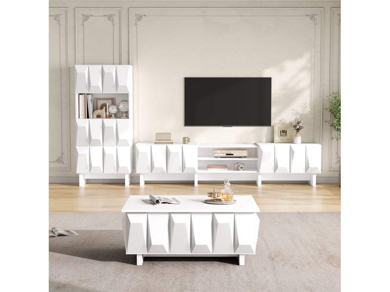  Ensemble de salon 3 pièces blanc – meuble tv, vitrine et table basse à façades 3d  - Conforama C