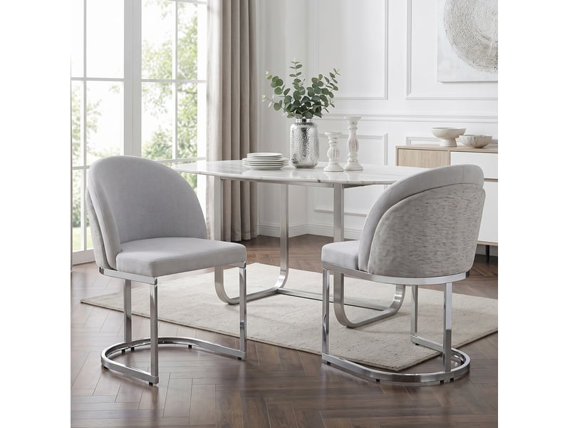 Lot de 6 chaises de salle à manger avec dossier double et pieds en métal galvanisé, tissu chenille gris clair et argenté  - Conforama D