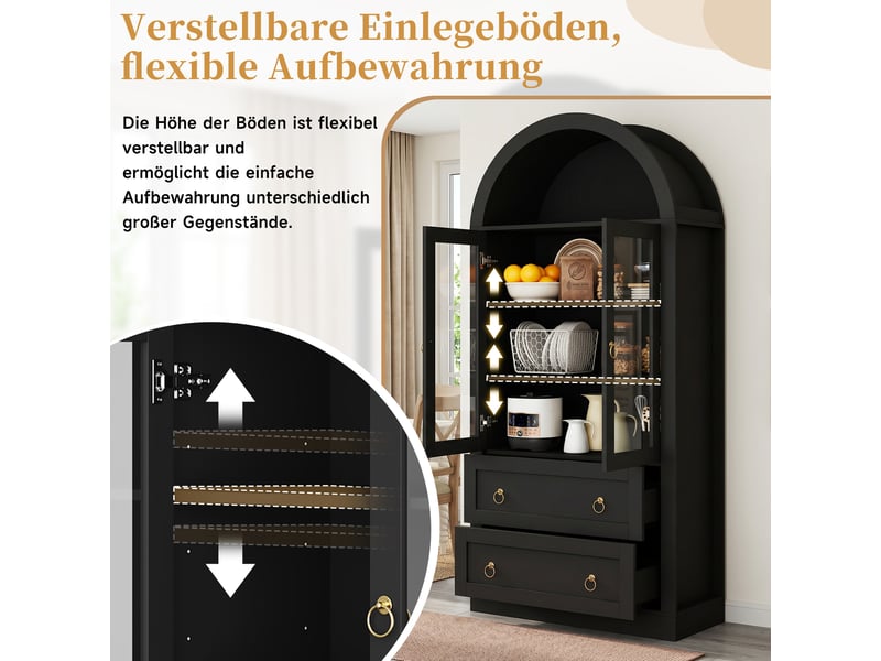  Buffet vitrine avec portes vitrées, tiroirs et 2 étagères réglables, noir, pour cuisine et salon, 80 × 36 × 170 cm  - Conforama E