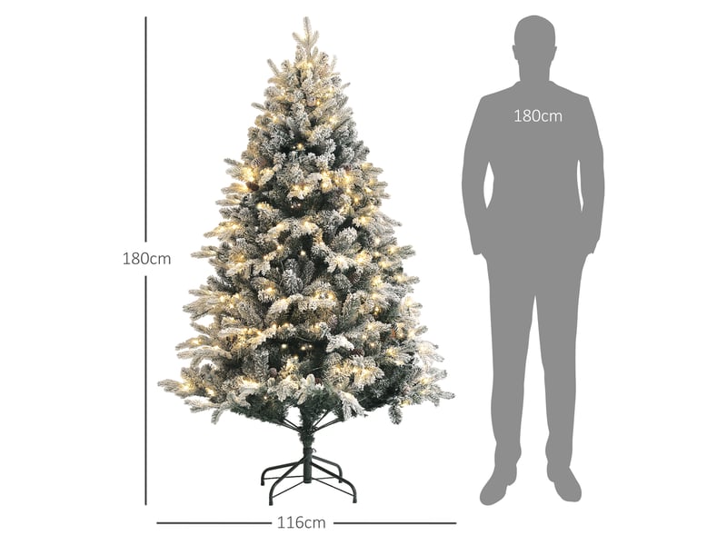  Sapin de noël artificiel 180 cm lumineux led 793 branches enneigées grand réalisme support en acier vert pliable  - Conforama C