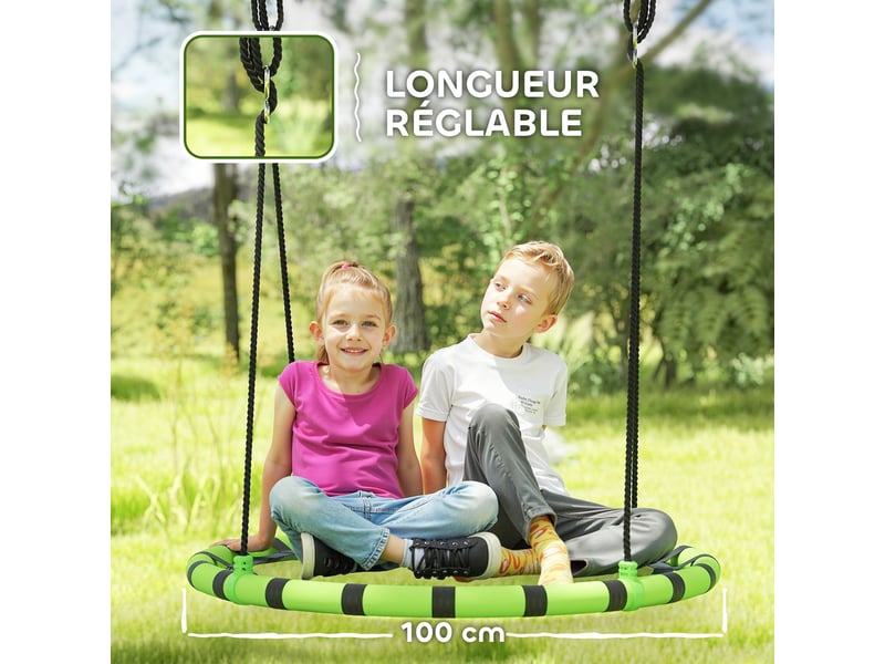 Balançoire nid d'oiseau, balançoire suspendue avec cordes réglables en hauteur, siège rond ø 100 cm, noir  - Conforama E