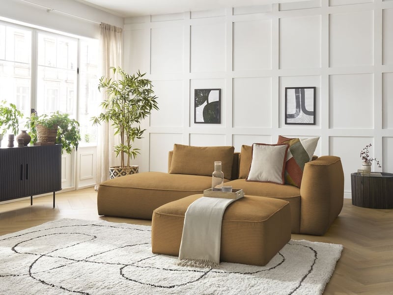  Bobochic canapé droit fixe 3 places leopold velours côtelé avec pouf jaune  accoudoir droit LEOPOLD - Conforama B