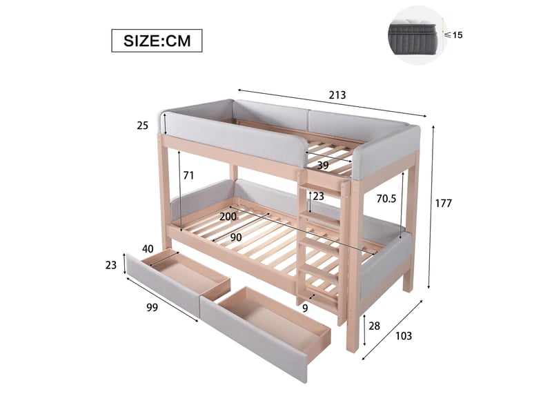  Lit superposé enfant 90x200 cm avec échelle, 2 tiroirs et garde-corps, gris  - Conforama C