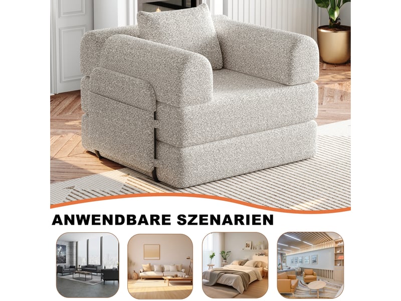  Canapé-lit 2-en-1 kaki en chenille, rangement dans l’accoudoir, 3 cadres métalliques, base antidérapante modulable  - Conforama C