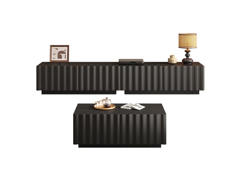 Meuble tv et table basse avec 6 tiroirs à motif ondulé - pour salon - en mdf et panneaux de particules - noir - Conforama A