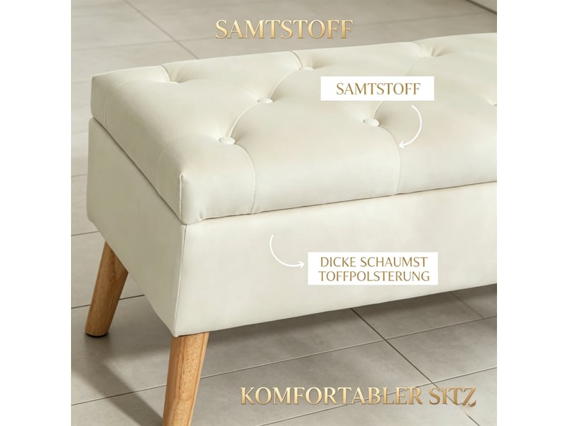  Banc de rangement - 80 x 35 x 42 cm - crème - bout de lit capitonné avec coffre et pieds en bois massif  - Conforama D