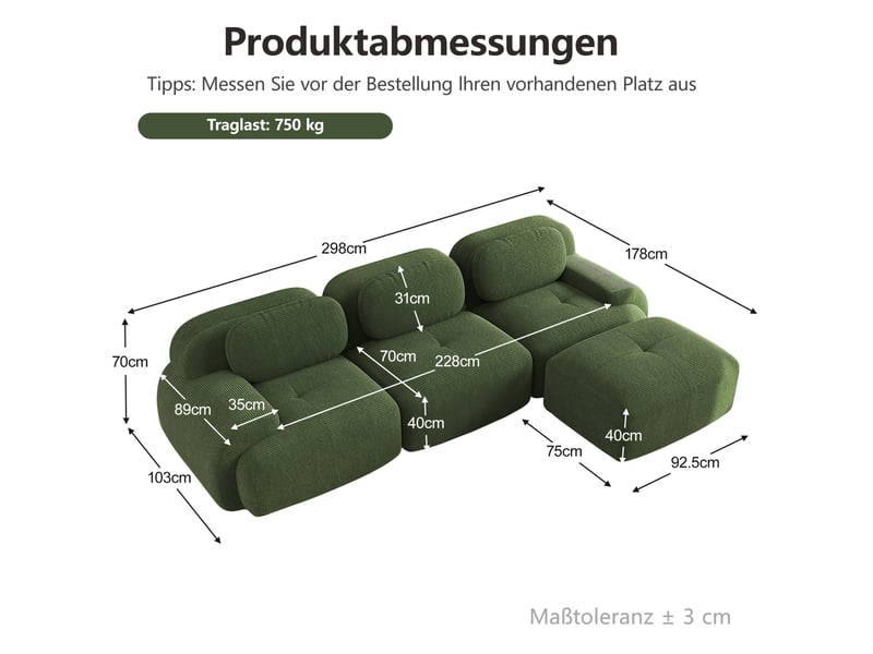 Canapé d'angle modenvie modulable 3 places sans cadre 298 x 178 cm velours côtelé vert - Conforama C
