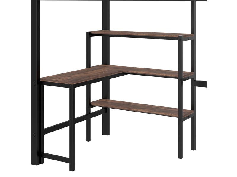  Lit mezzanine 90x200 cm, avec bureau intégré, rangements et armoire, mdf et métal, noir, marron, sécurisé, sans matelas  - Conforama E