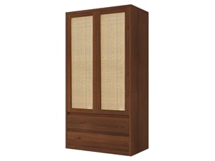 Armoire-penderie 90x50x170cm à 2 portes en rotin, 2 grands tiroirs, poignées dissimulées et large espace de suspension, bois naturel
