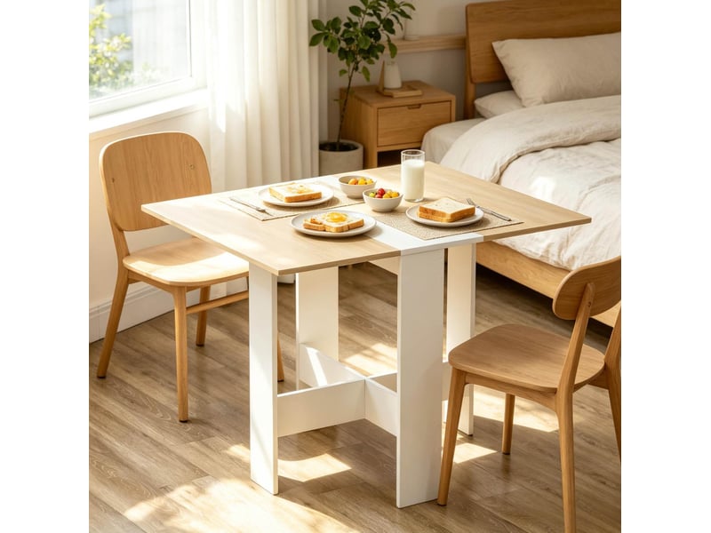  Table à manger pliable bicolore blanc et chêne clair, plateau rabattable des deux côtés  - Conforama B