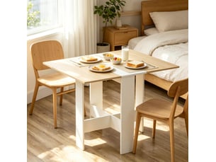 Table à manger pliable bicolore blanc et chêne clair, plateau rabattable des deux côtés