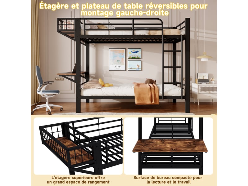 Lit superposé - 90x200 cm - bureau intégré - échelle - barrières de sécurité - rangements intégrés - structure métal - noir CozyNest - Conforama E