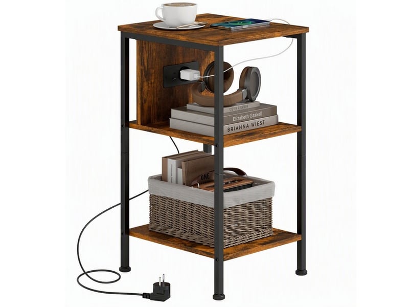  Table d'appoint 34 x 30 x 58 cm – marron rustique et noir – station de charge avec 2 étagères ouvertes  - Conforama A