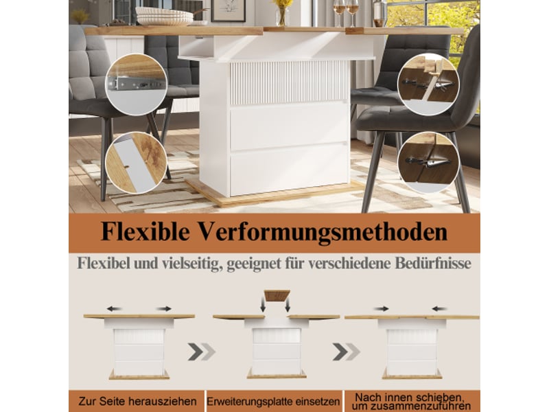 Table à manger 110-140 × 80 cm, table de cuisine pour 4 à 6 personnes, avec trois niveaux de rangement, blanc  - Conforama E