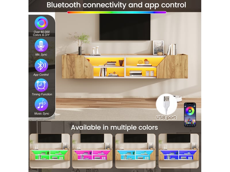  Meuble tv mural 180 x 36,5 x 40 cm blanc et bois naturel avec led rgb bluetooth  - Conforama A