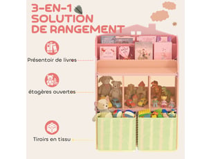 Meuble rangement enfant, bibliothèque enfants avec étagères ouvertes et 2 tiroirs en tissu, rose, mdf