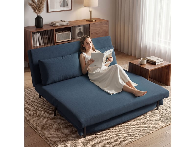  Canapé convertible 2 places clic-clac en tissu bleu 135x90x78 cm  - Conforama B