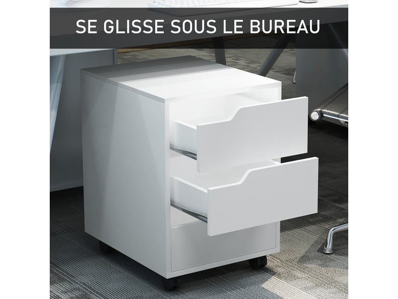  Caisson bureau mobile avec 3 tiroirs, meuble rangement bureau sur roulettes pour documents et imprimante, caisson de rangement compact pour travail ou chambre, blanc, 40x50x57,5cm  - Conforama E