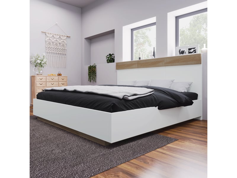  Lit double en bois blanc et chêne sonoma 184x205 cm  - Conforama B