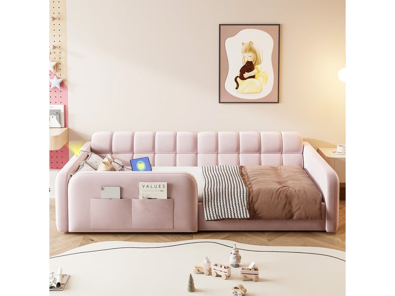 Lit enfant 90x200 cm rose en velours avec tête de lit sofa, veilleuse, usb-c, tiroir et barrières - Conforama R