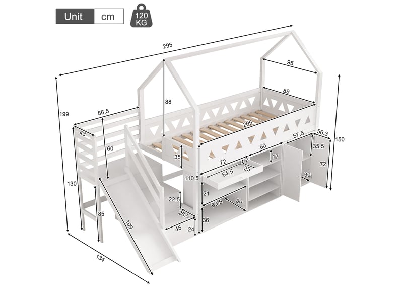  Lit enfant avec toboggan et escalier, lit simple 90x200 cm en bois massif, lit enfant avec armoire et tiroirs de rangement, blanc.  - Conforama C