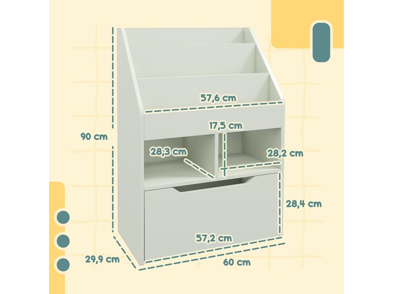  Bibliothèque en bois pour enfants avec 3 compartiments, 2 cubes et un tiroir mobile à 4 roulettes, 60 x 29,9 x 90 cm, verte  - Conforama D