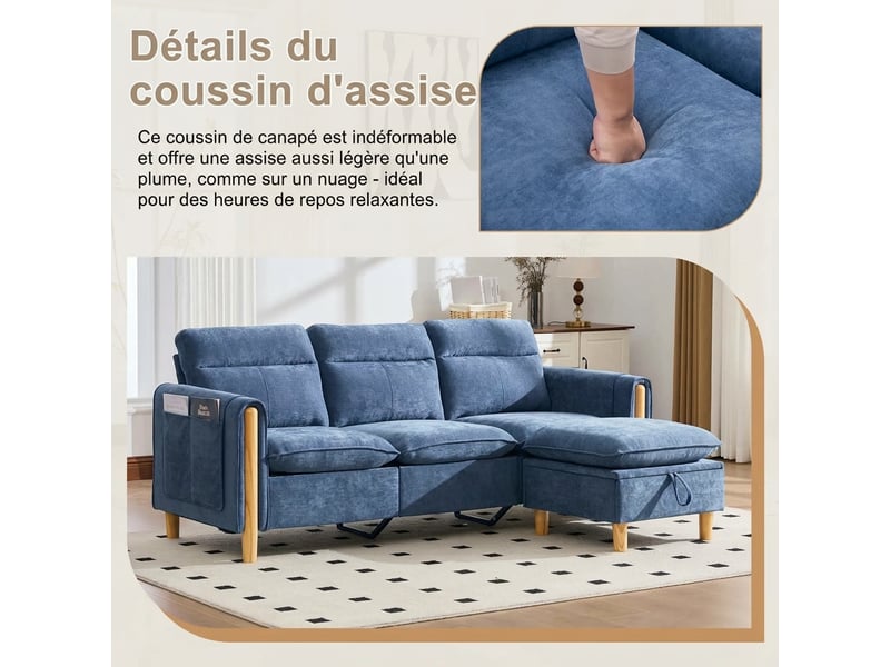Canapé 3 places style scandinave tissu chenille bleu - canapé d'angle avec pouf et rangement - Conforama E
