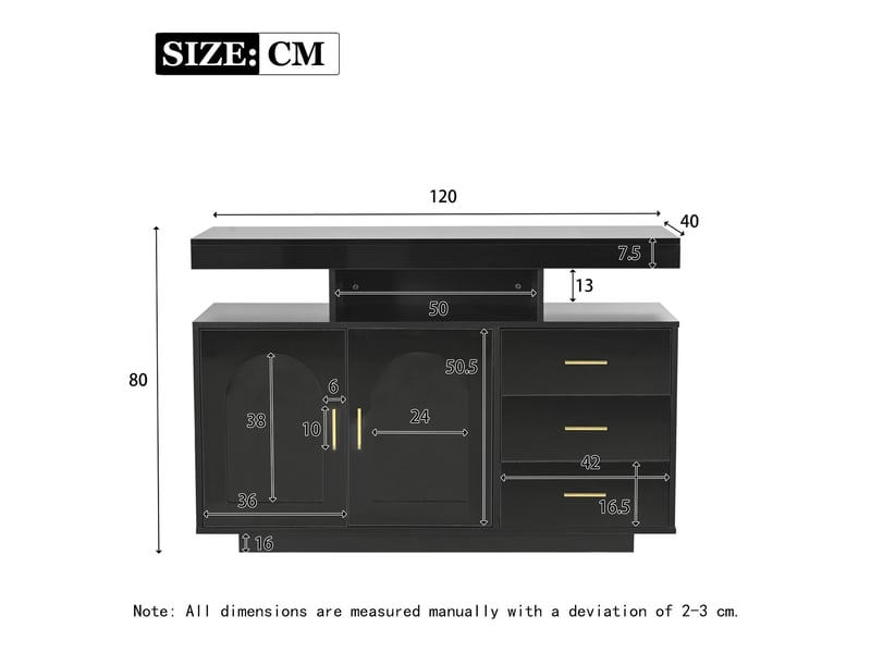  Buffet de cuisine noir brillant 120x40x80 cm, meuble rangement avec 3 tiroirs et portes en acrylique, idéal pour cuisine ou salon  - Conforama C
