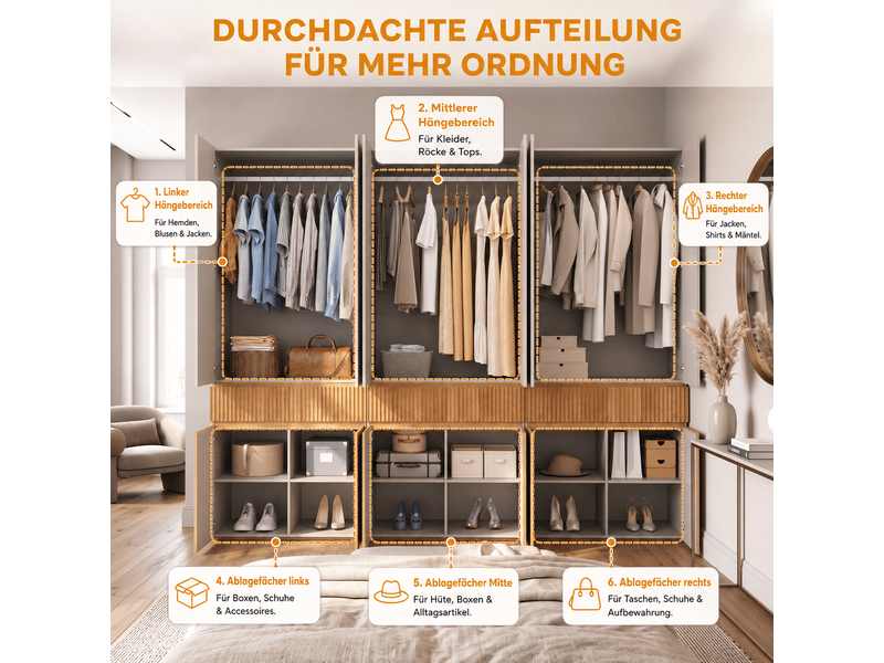  Armoire penderie 270 x 50 x 200 cm - 12 portes - 3 tiroirs - 3 barres de penderie - pour chambre et entrée - gris clair et naturel  - Conforama E