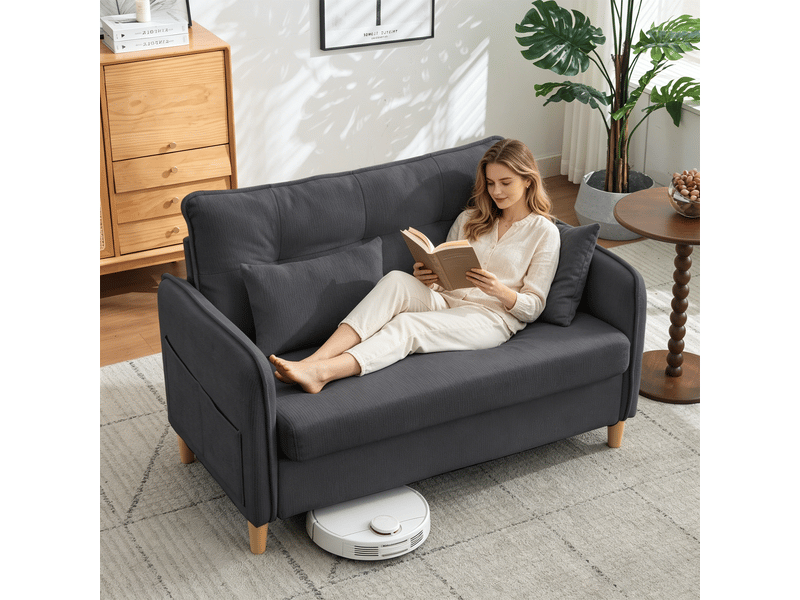  Canapé 2 places compact de 127 cm en tissu chenille gris foncé, avec accoudoirs, coussins inclus et poches latérales  - Conforama C