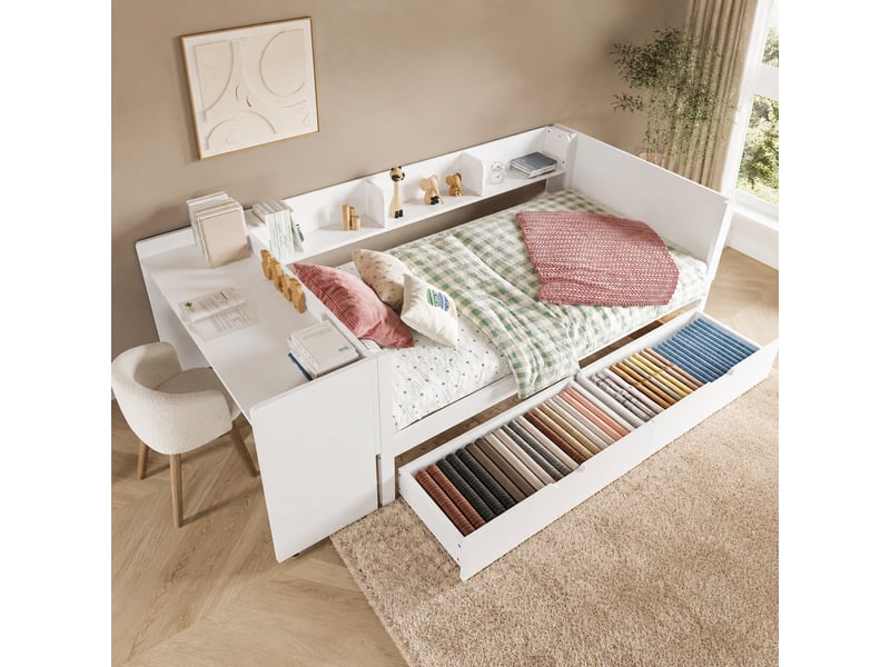 Lit avec rangement 90x200 cm blanc avec bureau, étagères et 2 tiroirs - Conforama B