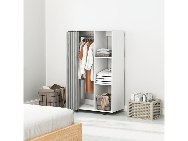  Porte-manteau à 4 roulettes, étagères ouvertes, tringle et rideaux de penderie, pour chambre, salon et couloir, blanc  - Conforama C