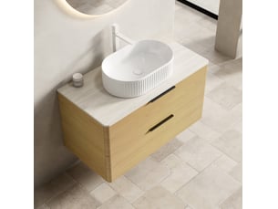 Meuble sous vasque suspendu avec 2 tiroirs, vasque ovale et plan en pierre frittée pour salle de bain 90 × 46 × 62,2 cm