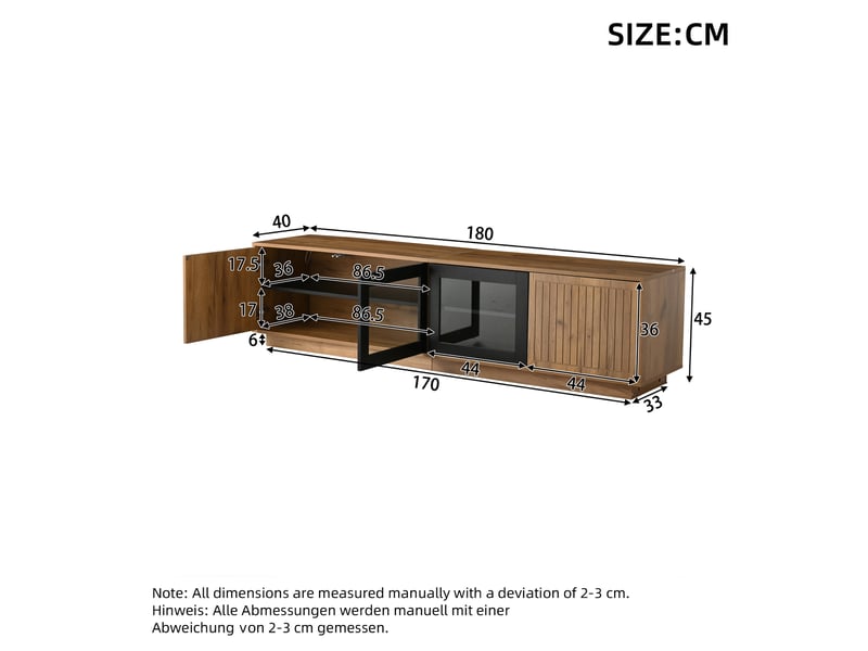  Meuble tv 180x40x45 cm 4 portes (2 vitrées) led pilotable appli 3 niveaux cap. 30 kg panneaux particules naturel et noir  - Conforama C