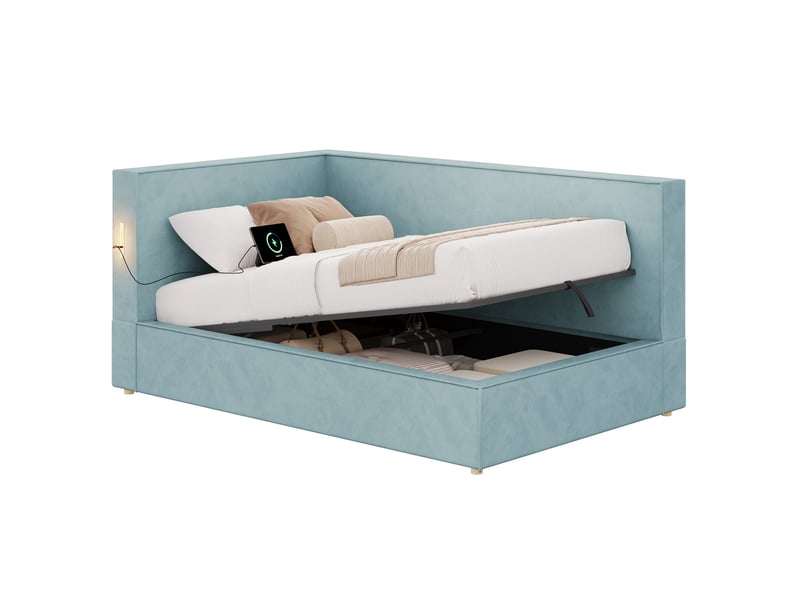  Lit banquette enfant 90x200 cm rembourré avec espace de rangement intégré, sommier à lattes, éclairage led et ports usb et usb-c, en velours - bleu  - Conforama A
