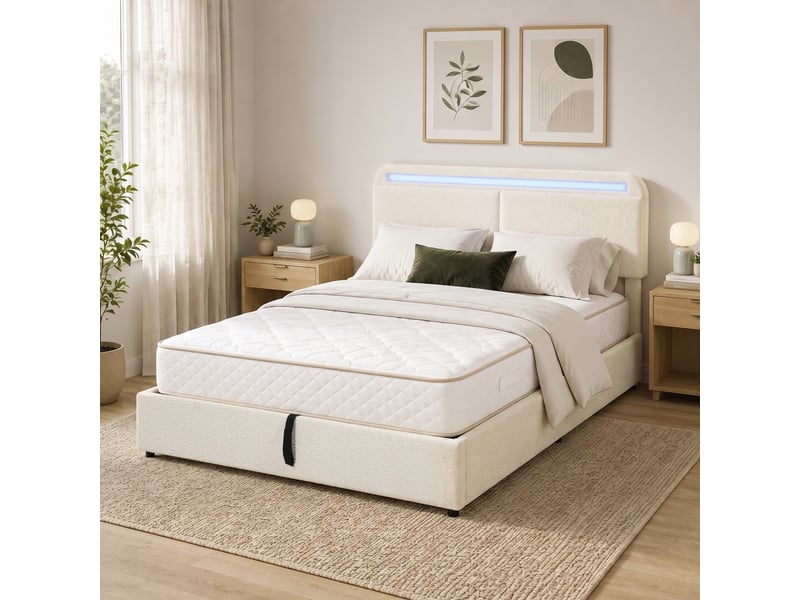  Lit coffre 160x200 avec rangement, tête de lit led rgb, lit double rembourré en velours crème  - Conforama D