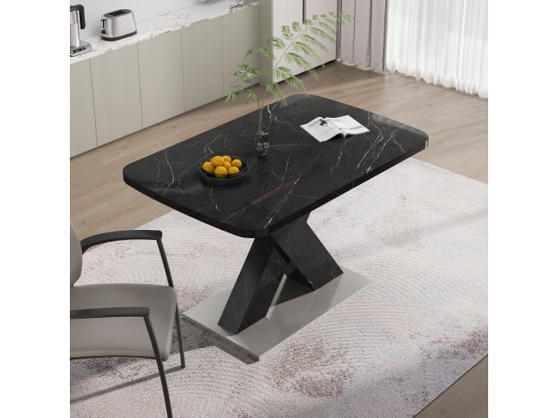  Table à manger rectangulaire moderne extensible 120–160 cm, plateau effet marbre noir, pieds en x mdf, socle métallique  - Conforama D