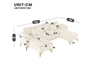 Canapé d’angle en u 4 places beige, chenille, 2 méridiennes, double rembourrage, 2 coussins, pieds métal dorés