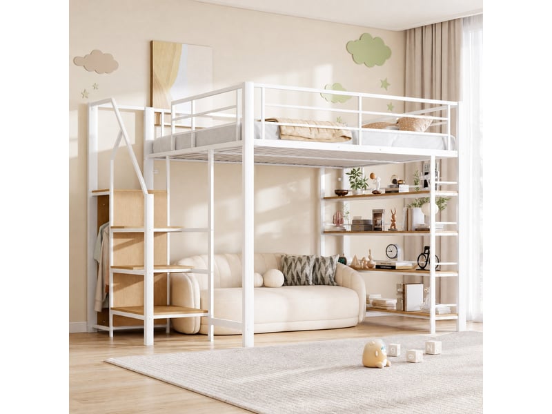 Lit mezzanine 140x200 cm avec escalier de rangement et étagères blanc  - Conforama D