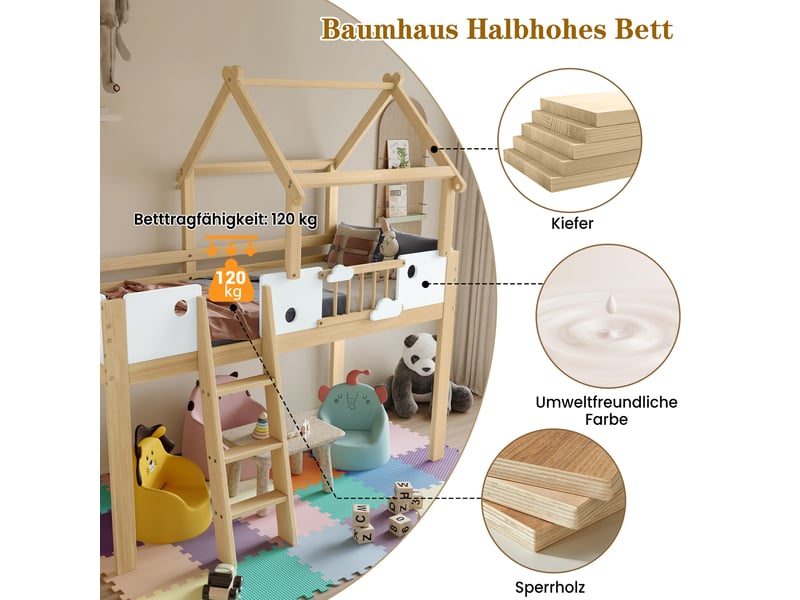  Lit mezzanine enfant 90x200 cm avec toit, barrières 4 côtés et échelle 3 marches, bois et mdf, blanc et naturel, sans matelas  - Conforama R