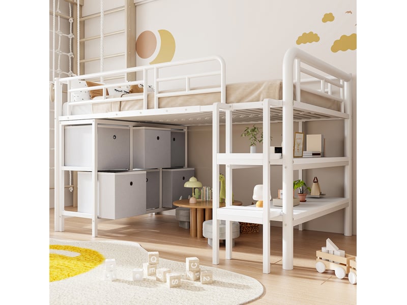  Lit mezzanine enfant 90x200 cm en métal avec rangements et escalier, blanc  - Conforama E
