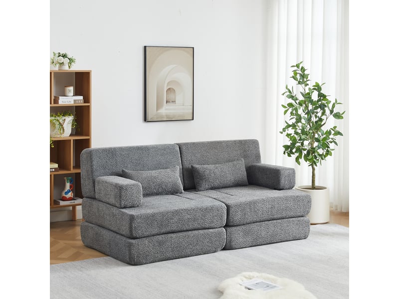  Canapé convertible 2-en-1 2 places 182 x 90 x 80 cm avec couchage pliant, dossier réglable et structure en fer, chenille, gris OMNIGLINT TRADING LTD - Conforama B