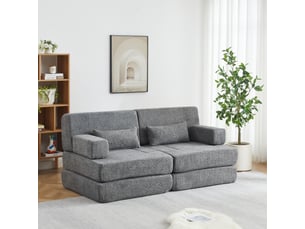 Canapé convertible 2-en-1 2 places 182 x 90 x 80 cm avec couchage pliant, dossier réglable et structure en fer, chenille, gris