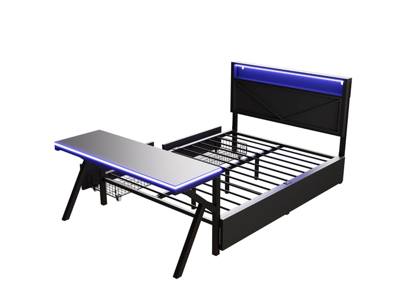  Lit plateforme gaming 140x200 cm, bureau, led tête de lit, 2 tiroirs, cadre métal, mdf, noir sans matelas  - Conforama E