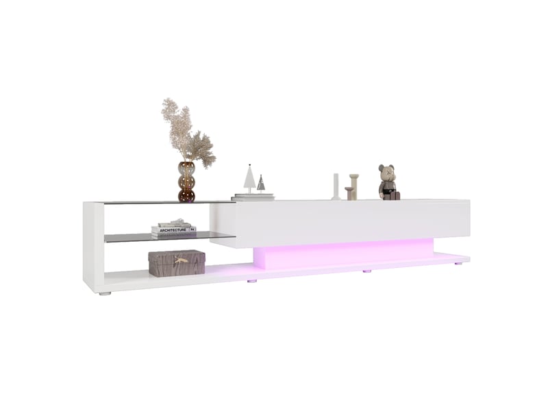  Meuble tv modenvie blanc brillant 170 x 36 x 38 cm 2 tiroirs étagères en verre led multicolore  - Conforama A