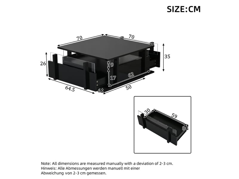  Table basse carrée avec 2 tiroirs et éclairage led, finition brillante, en panneau de particules, noir 70 × 70 × 35 cm  - Conforama C