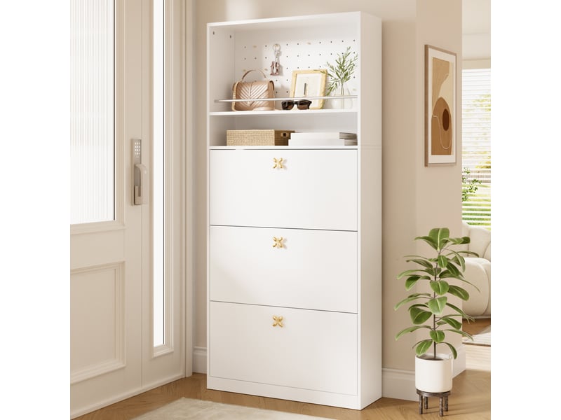  Meuble à chaussures 3 abattants 2 étagères ouvertes blanc 80 x 24 x 178.5 cm N657P45705455W - Conforama E