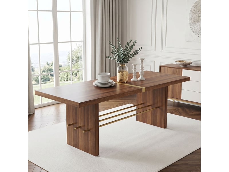  Table à manger 180x75x75 cm mdf coloris noyer et doré, 6 à 8 personnes  - Conforama D